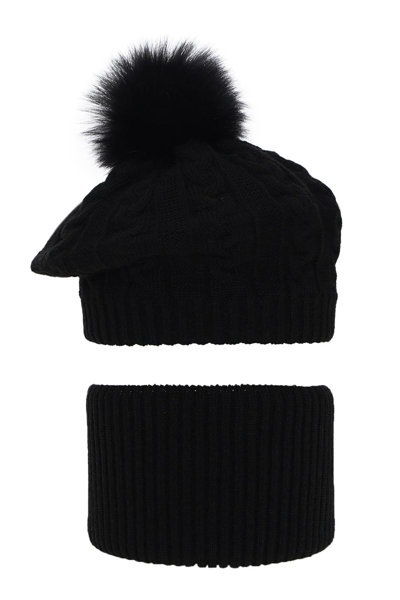 Зимний комплект для девочки: берет и дымоход черного цвета с помпоном Koffi