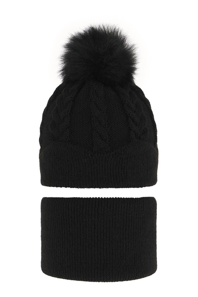 Зимний комплект для девочки: шапочка с помпоном и дымоход черный Etula