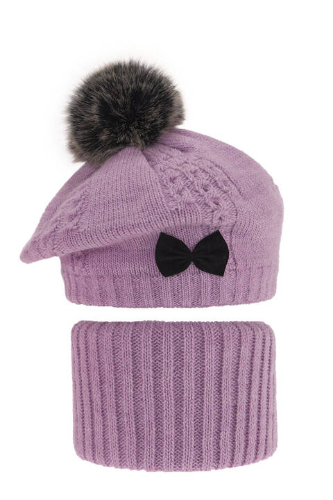 Зимний комплект для девочки: берет с помпоном и дымоходом фиолетовый Amora