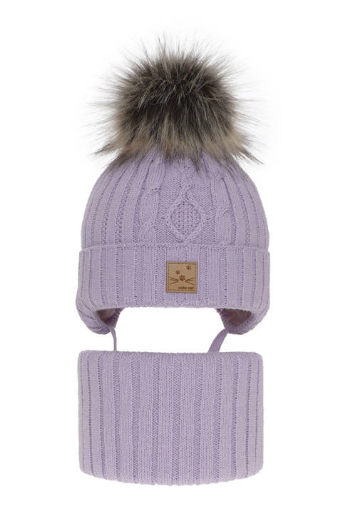 Зимний комплект для девочки: шапка и труба фиолетового цвета с помпоном Aida