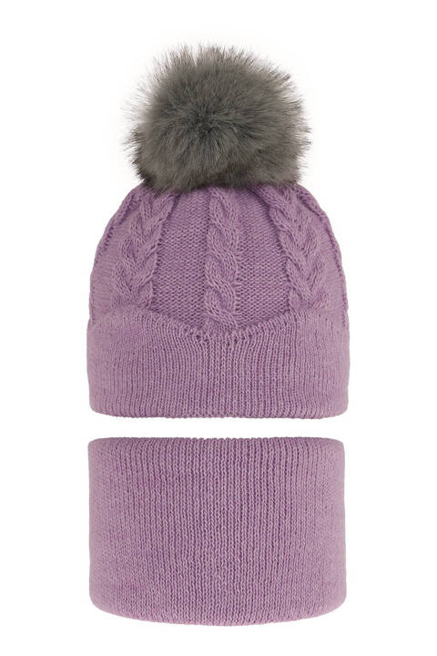 Зимний комплект для девочки: шапка с помпоном и трубой фиолетового цвета Etula